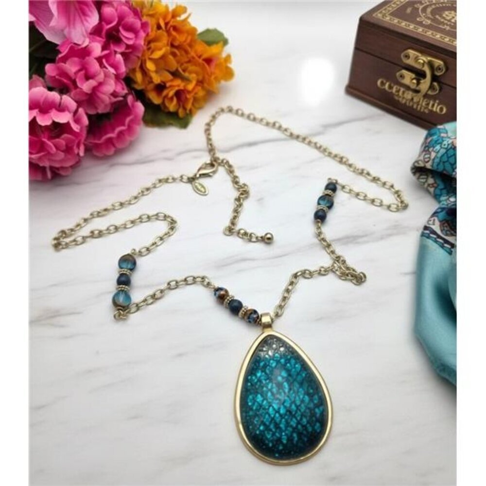 Chico’s Teal Lucite Teardrop Statement Sweater Necklace 37” Gold Tone